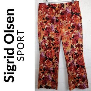 Sigrid Olsen Pants 14P Red Gold Floral High Rise Straight Leg Retro Cottagecore